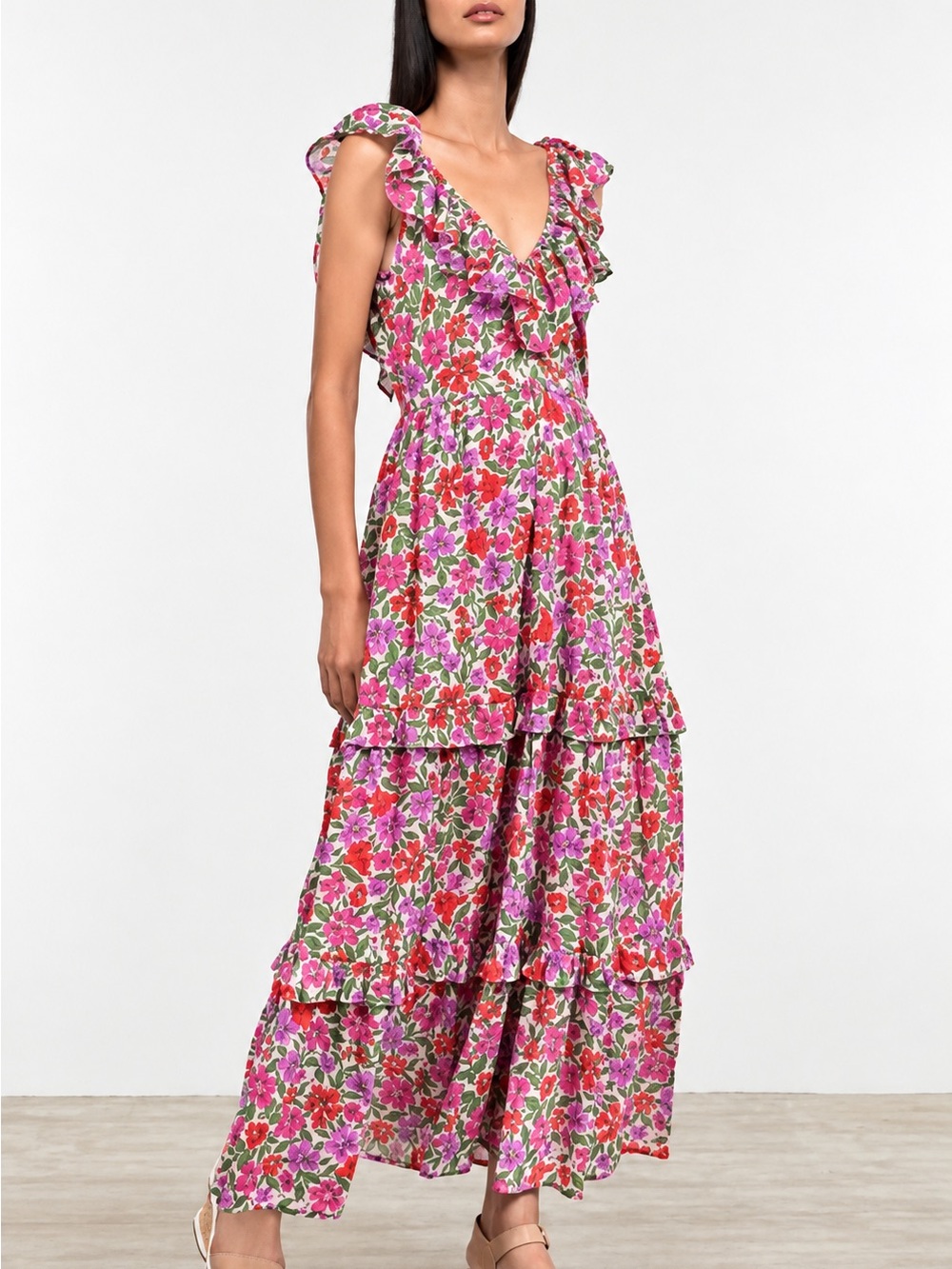 Banjanan Pink and Red Floral Ruffle Tiered Maxi Dress